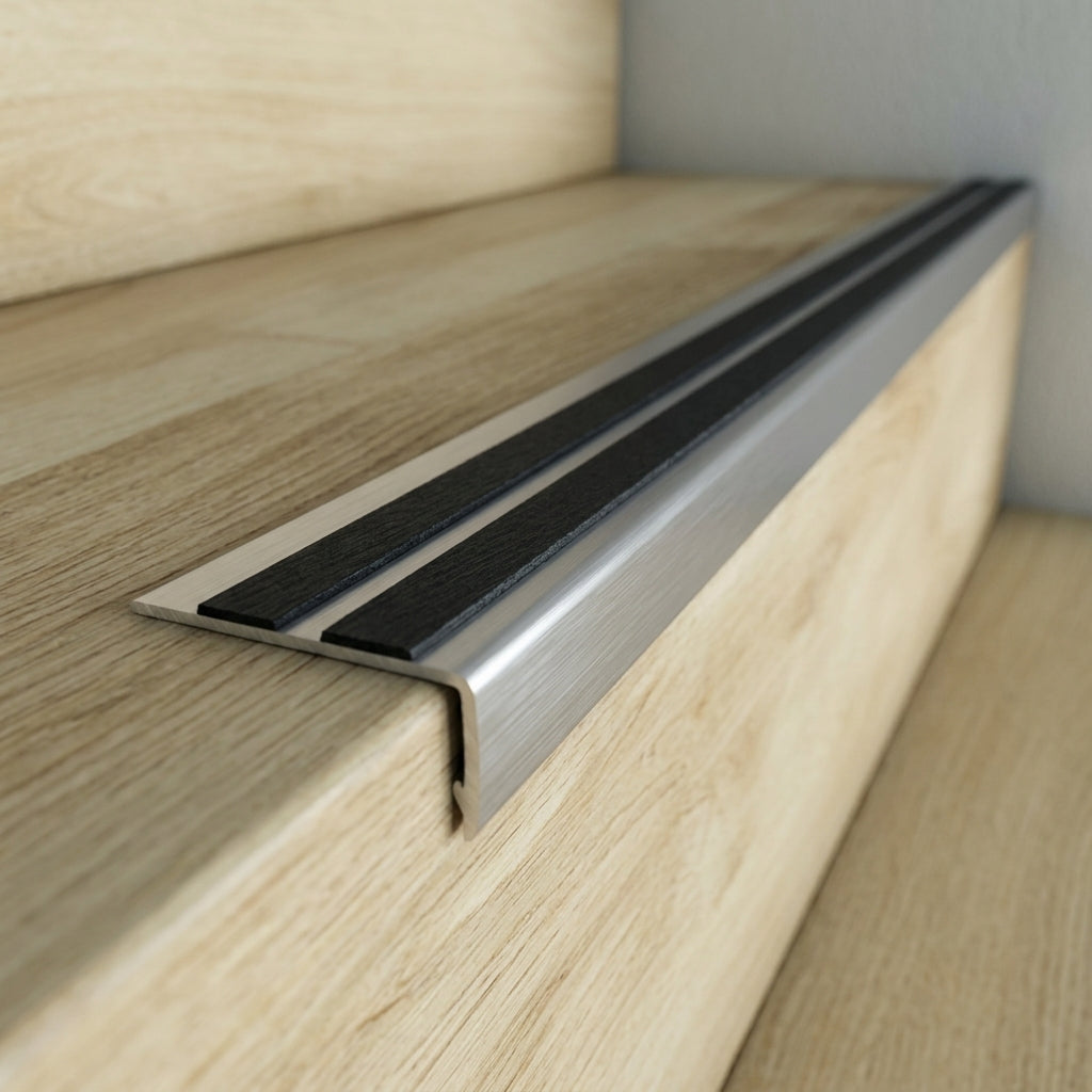 Anodised aluminium stair nosing with anti-slip rubber insert, 35 x 19 mm – close-up of the black anti-slip insert on a light oak step