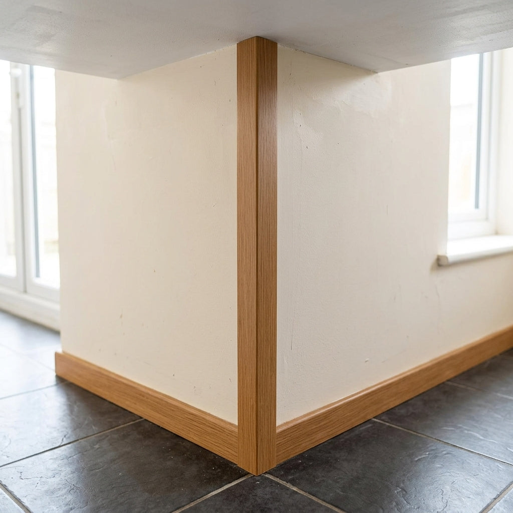 Wood effect PVC corner angle trim, 1 m – fitted on a wall corner