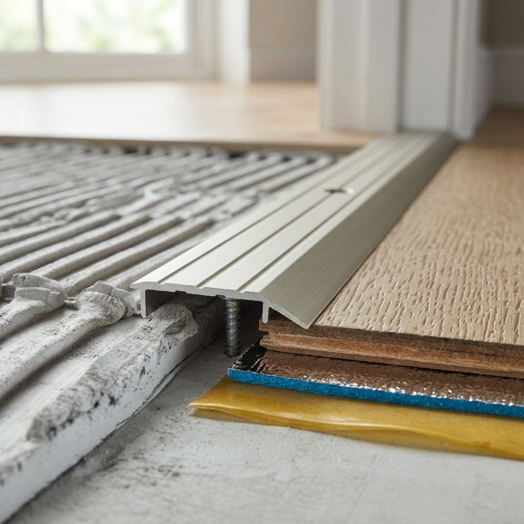 Anodised aluminium door threshold ramp strip, 30 mm – ramp strip fitted over a tile edge