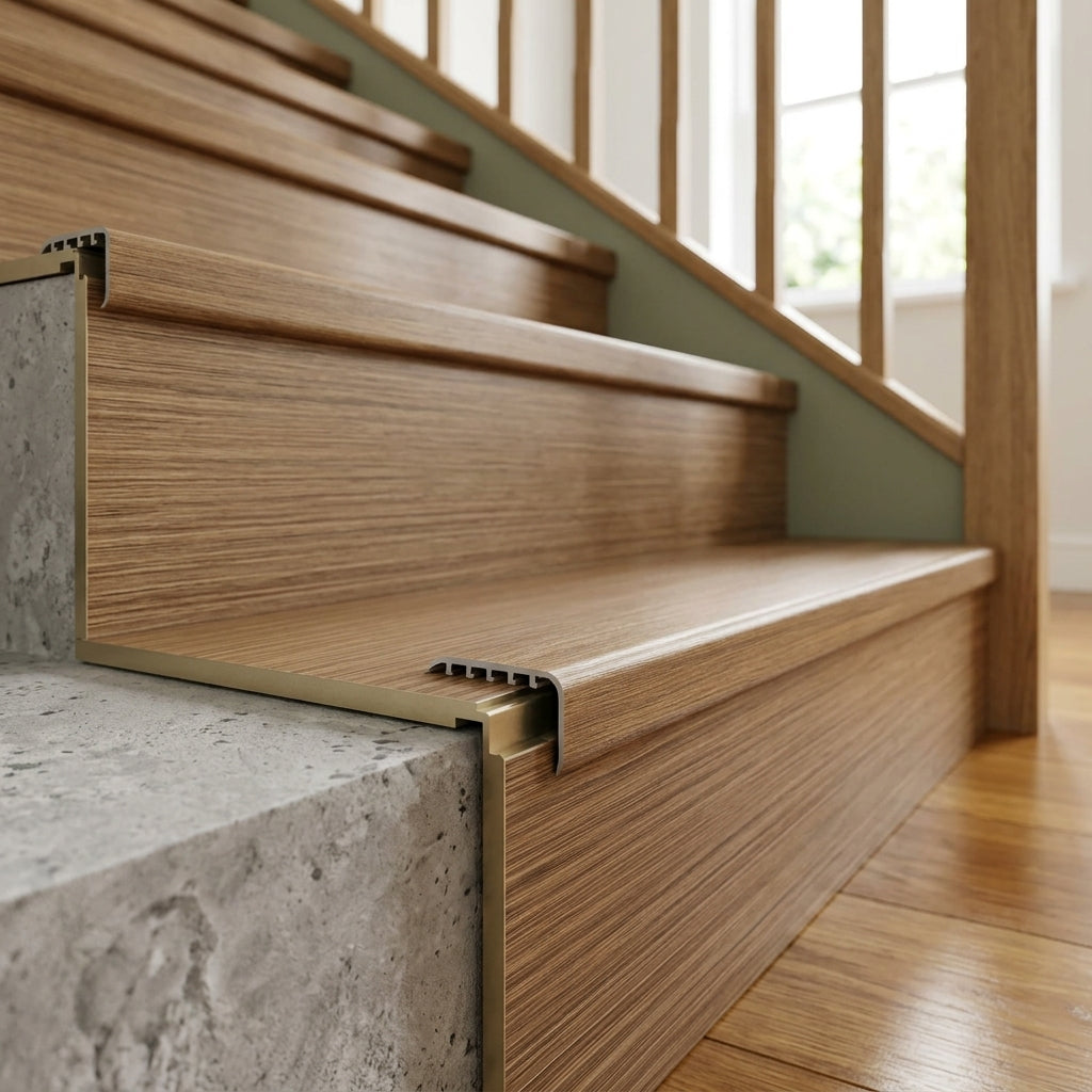 Wood effect uPVC stair nosing, 45 x 22 mm – wood effect nosings fitted on a staircase