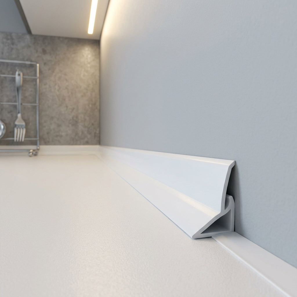 White PVC plinth sealing strip – fitted along kitchen cabinet plinths