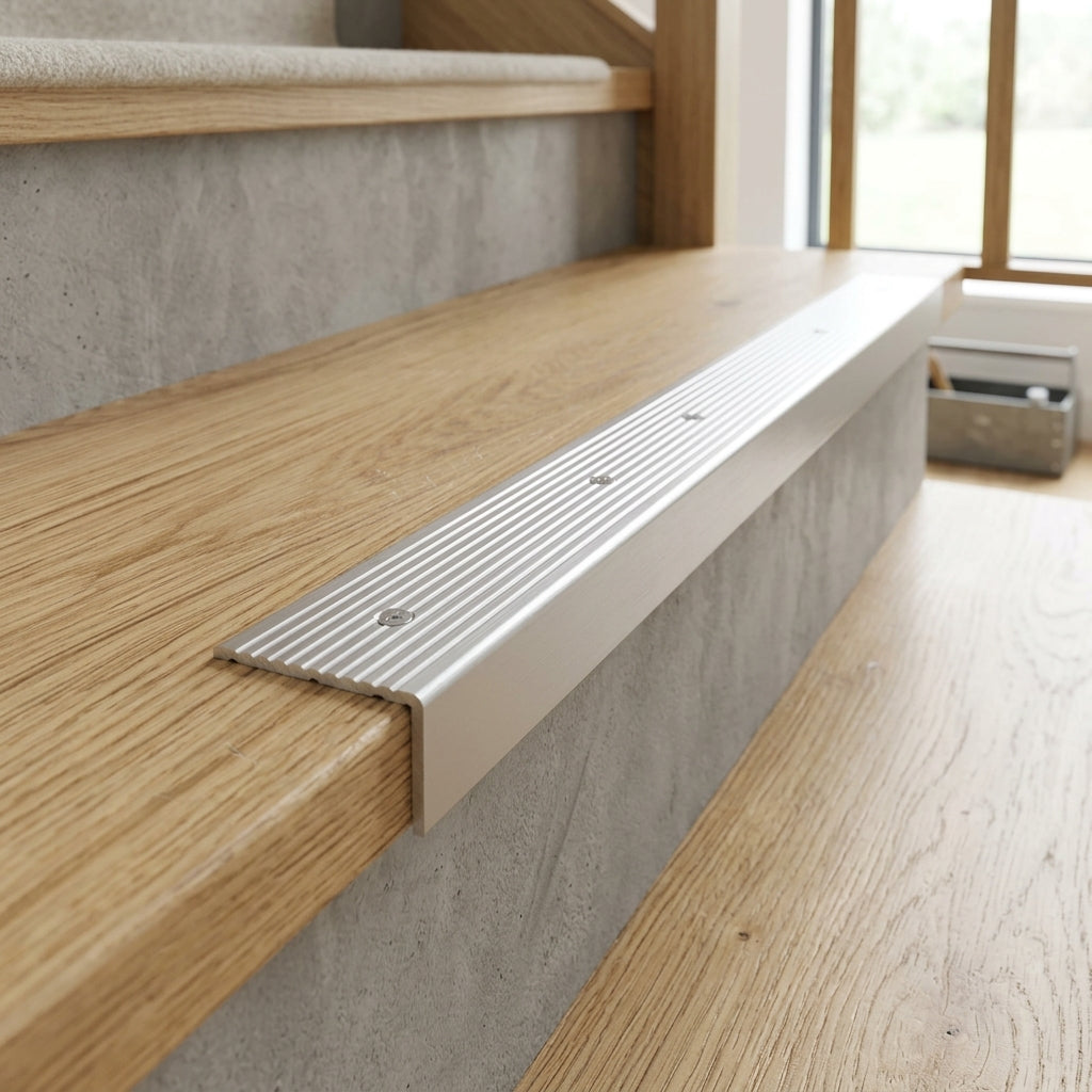 Anodised aluminium wide grooved stair nosing, 40 x 20 mm – silver nosing fitted on a stair edge