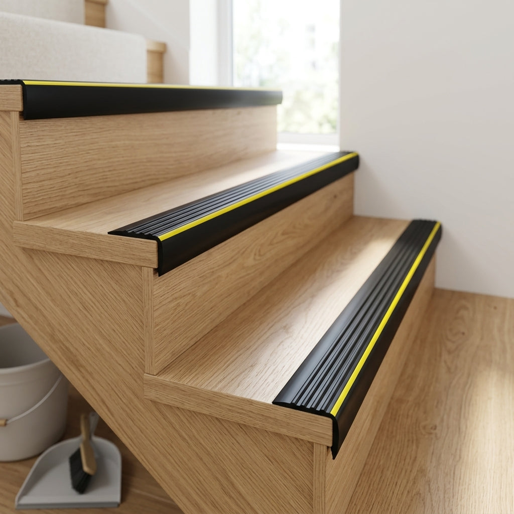 Black non-slip PVC stair nosing with warning strip, 40 x 40 mm – fitted on a staircase, showing the yellow warning strip