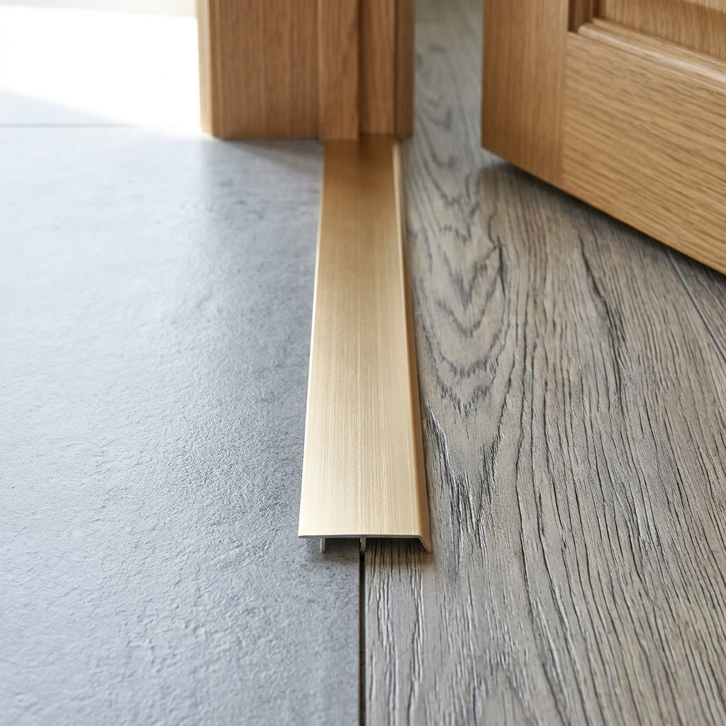 Self-adhesive aluminium door threshold strip, 30 mm x 930 mm – gold strip fitted between tiles and a wooden floor