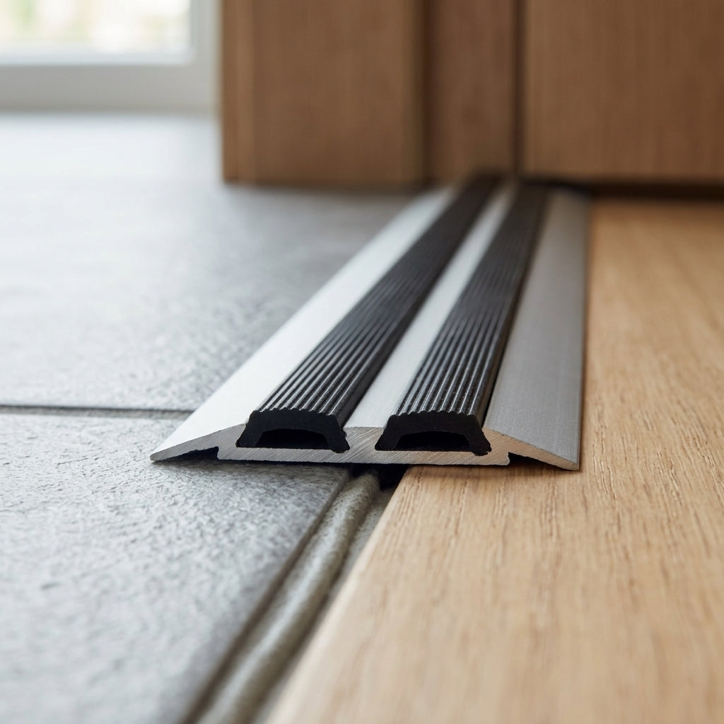 Aluminium transition strip with anti-slip rubber insert, 45 mm – close-up of the rubber inserts