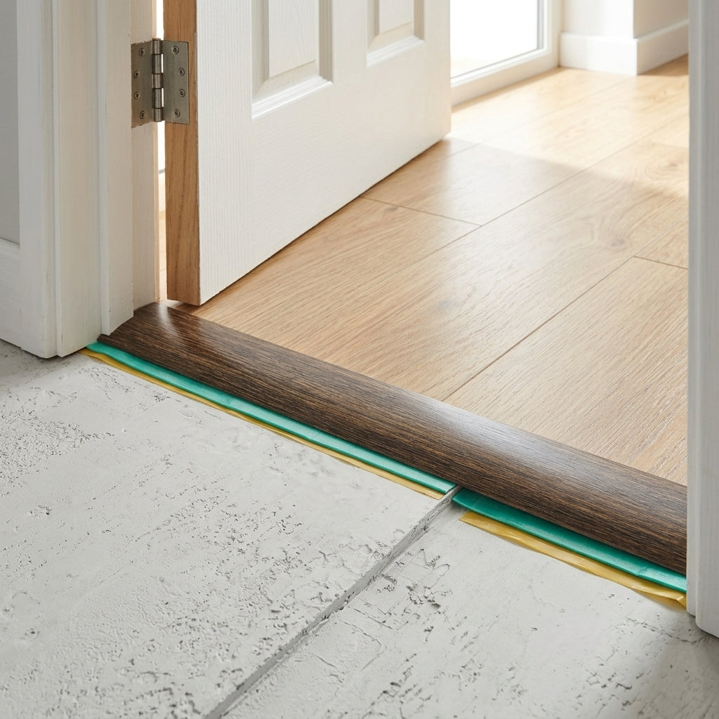Wood effect uPVC door threshold strip, 40 mm x 900 mm – fitted in a doorway