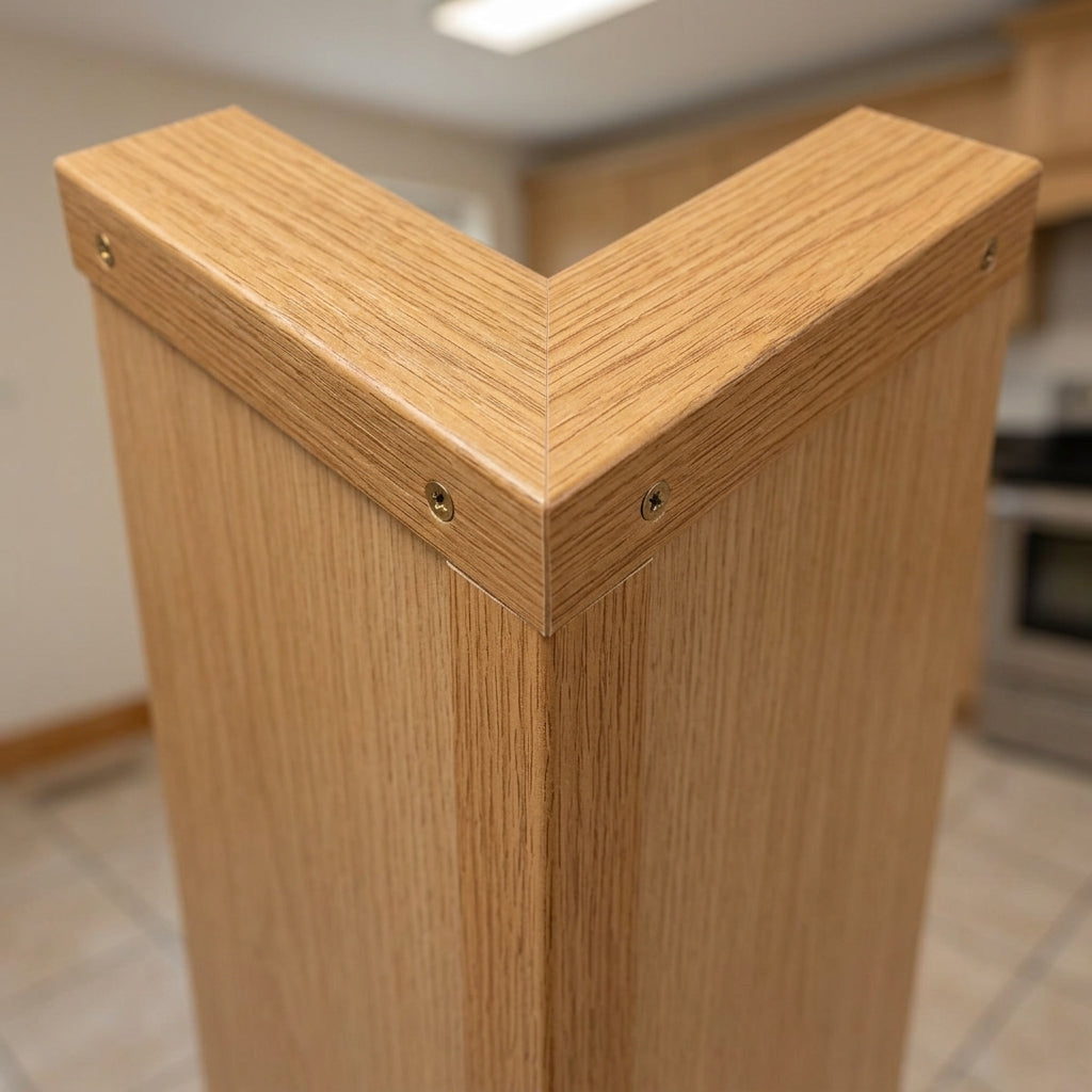 Wood effect PVC corner angle trim, 2.5 m – close-up fitted on a corner