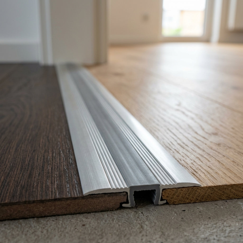 Self-adhesive aluminium door threshold strip, 35 mm x 930 mm – close-up joining dark and light wood flooring