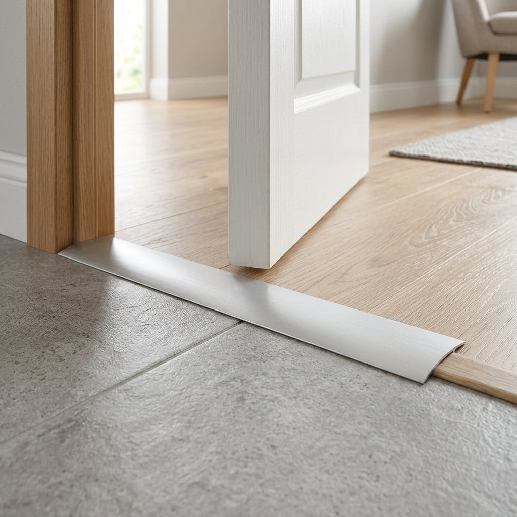 Self-adhesive aluminium door threshold strip, 40 mm wide – fitted in a doorway between tiles and a wooden floor
