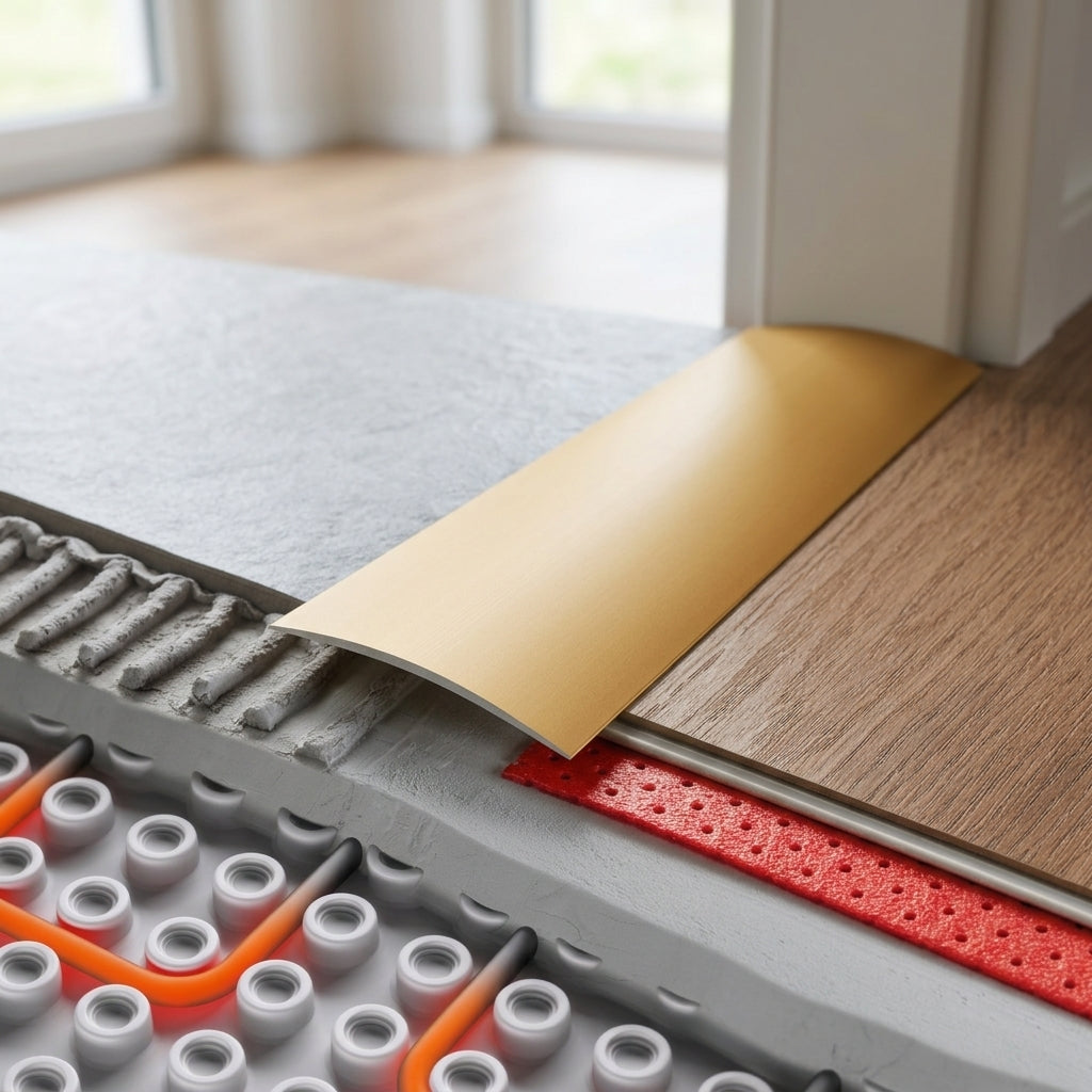 Self-adhesive aluminium door threshold strip, 60 and 80 mm wide – gold strip covering a floor joint