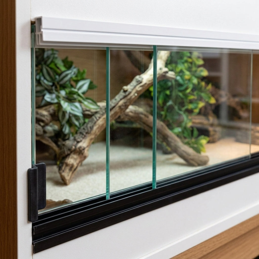 Clip-on vivarium glass runner track for 4 mm glass – fitted on a planted vivarium with sliding glass