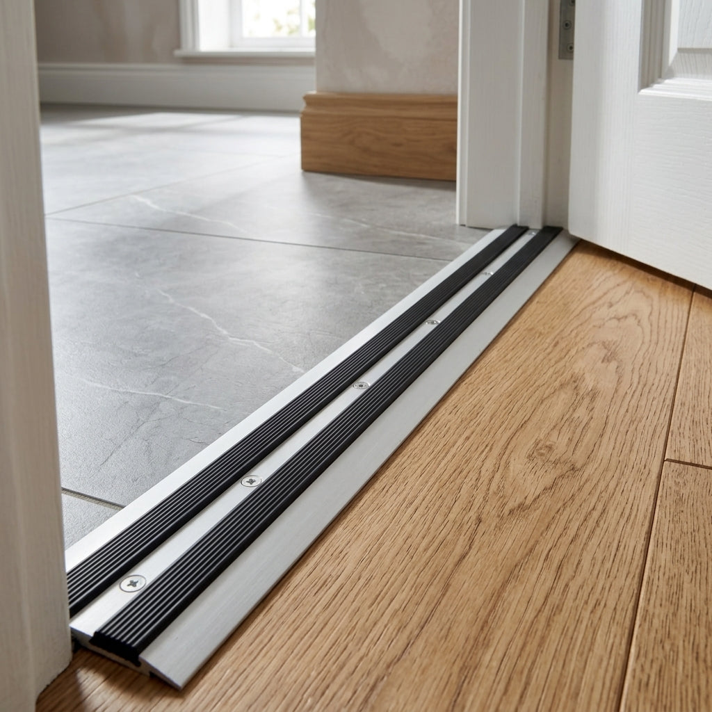 Aluminium transition strip with anti-slip rubber insert, 45 mm – fitted in a doorway