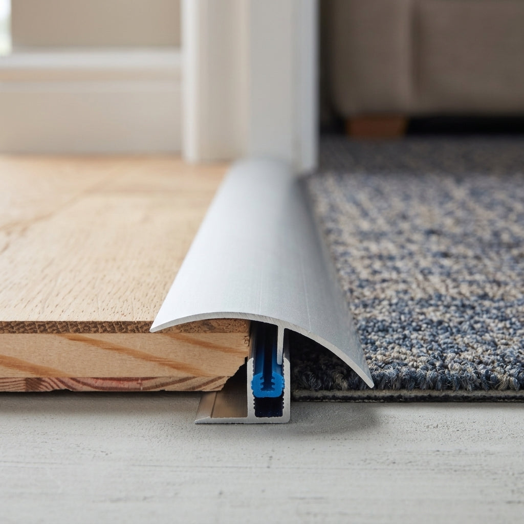 Push-in aluminium door threshold strip, 50 mm wide – profile view of the push-in strip