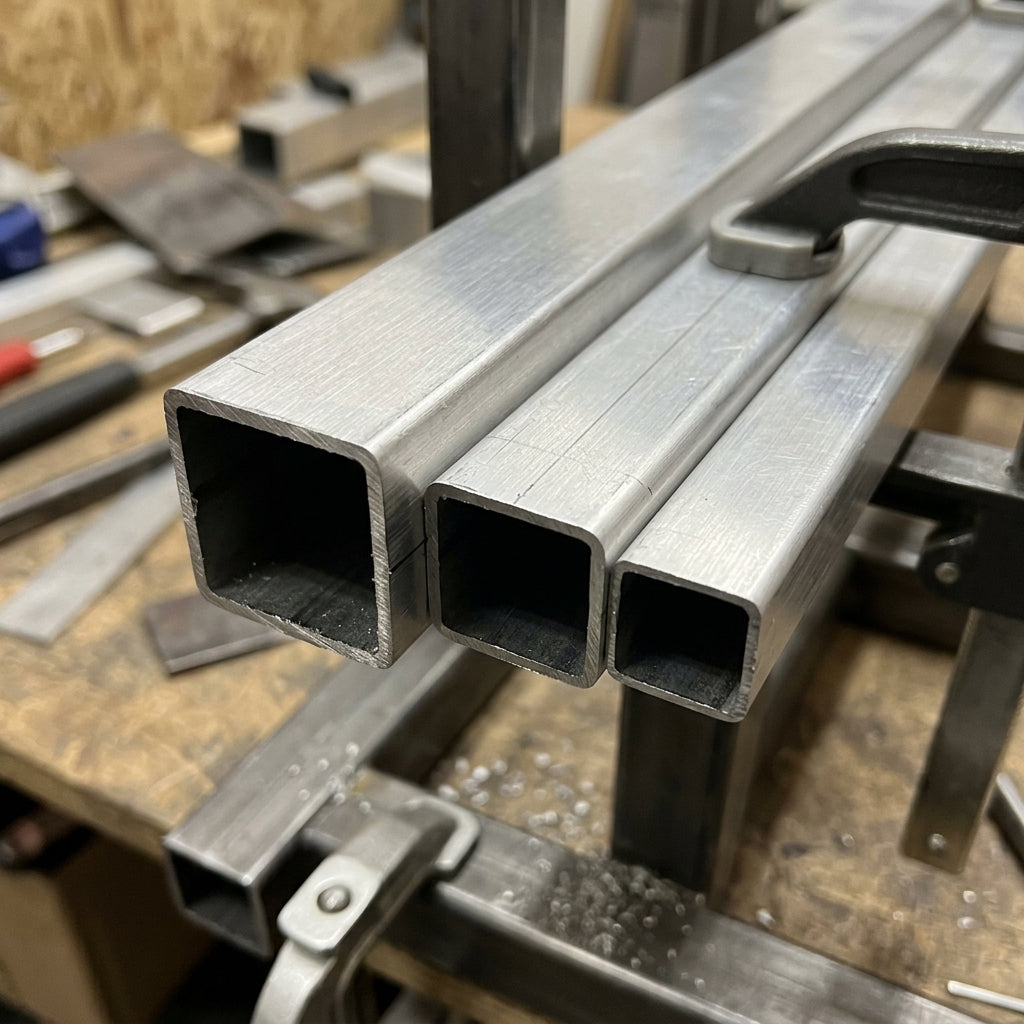 Natural aluminium square tube box section – close-up of square tubes