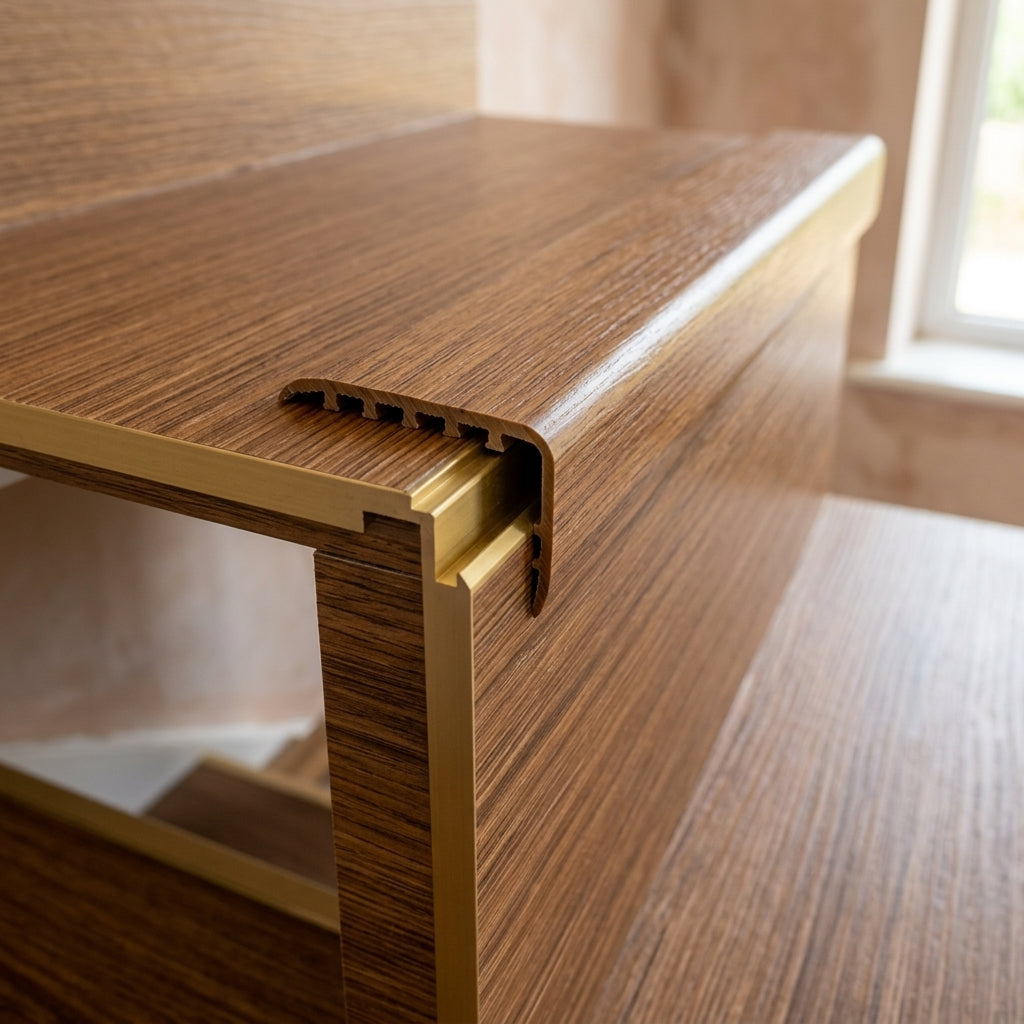 Wood effect uPVC stair nosing, 45 x 22 mm – close-up of the wood effect nosing on a step