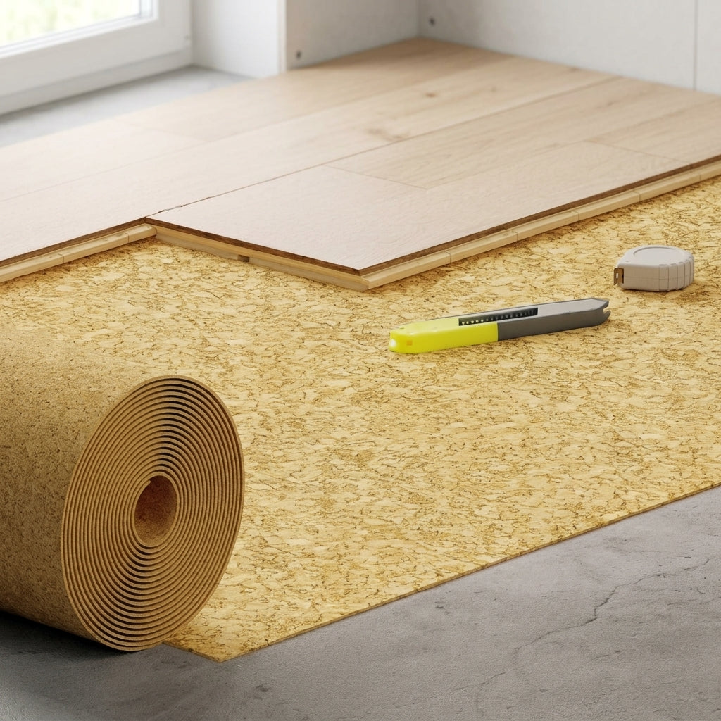 Natural cork underlay roll, 2 mm – unrolled on a floor beside laminate