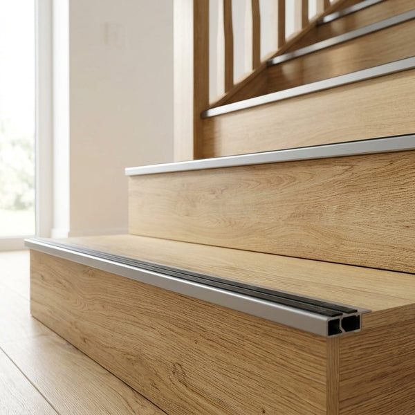 Anodised Aluminium Stair Nosing with Anti-Slip Rubber Insert – 35 mm x 19 mm – 1 m, 2 m & 2.5 m Lengths – Silver, Gold & Champagne