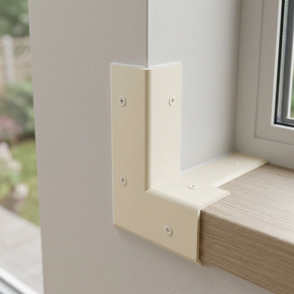 Ivory PVC corner angle trim – fitted on the corner of a window sill