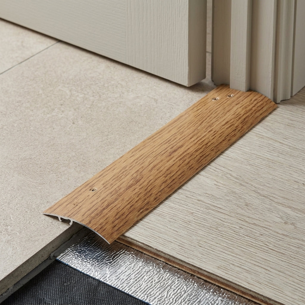 Wood effect aluminium door threshold strip, 47 mm – fitted between tiles and a wooden floor