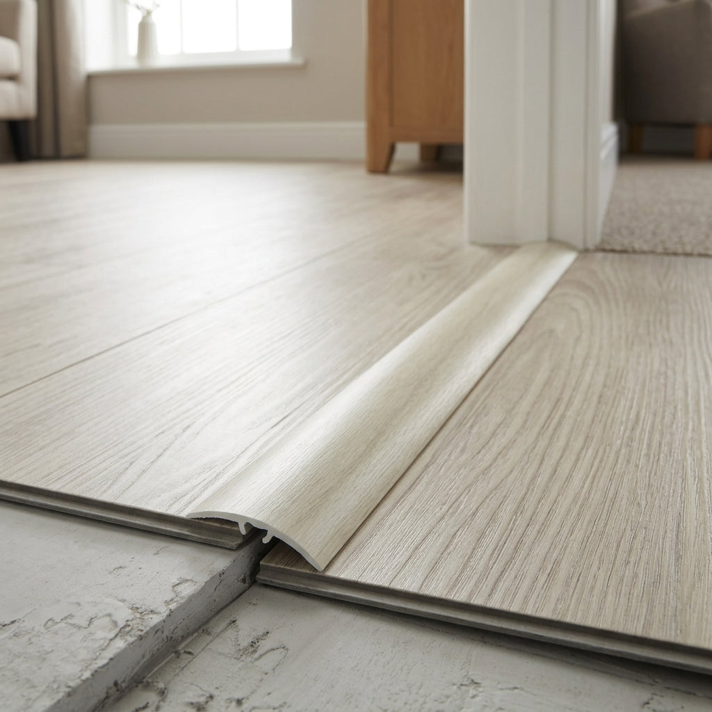 Wood effect uPVC door threshold strip, 30 mm x 900 mm – fitted between two floors