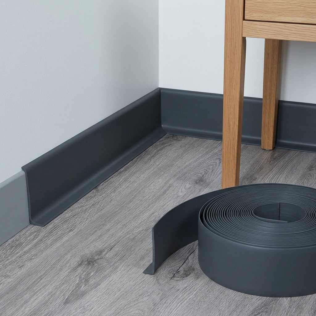 Flexible PVC skirting board, 70 mm high – dark grey skirting fitted along a wall