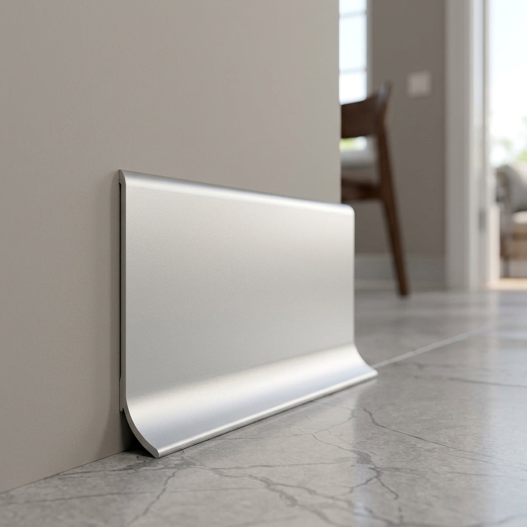 Anodised aluminium skirting board, 80 mm high – close-up of the silver skirting