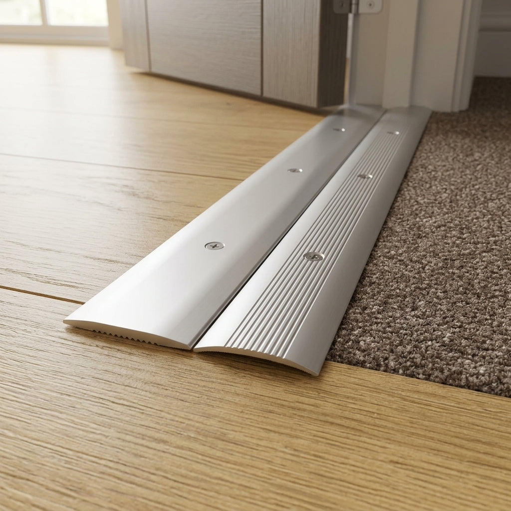Anodised aluminium door threshold strip, 38 mm wide – silver strip fitted between a wooden floor and carpet
