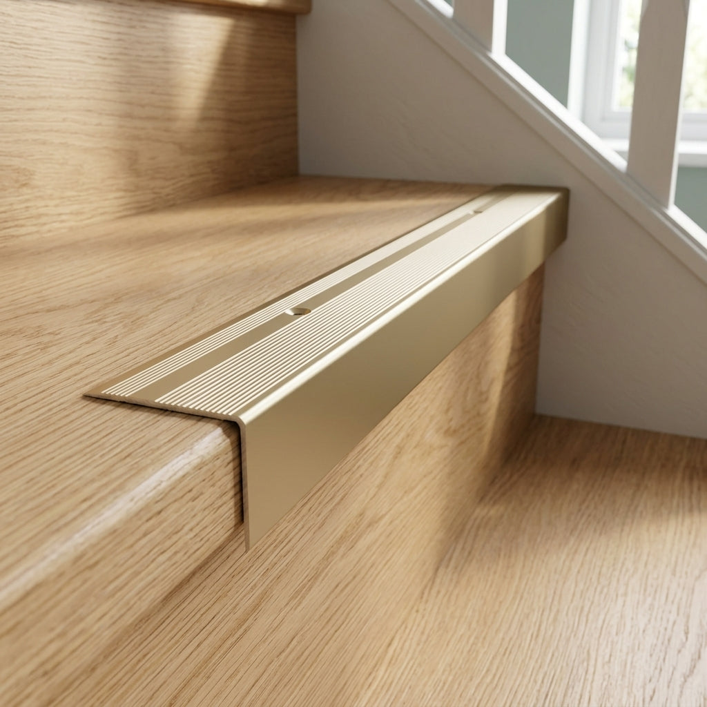 Aluminium stair nosing with ribbed anti-slip top, 45 x 40 mm – fitted on an oak step