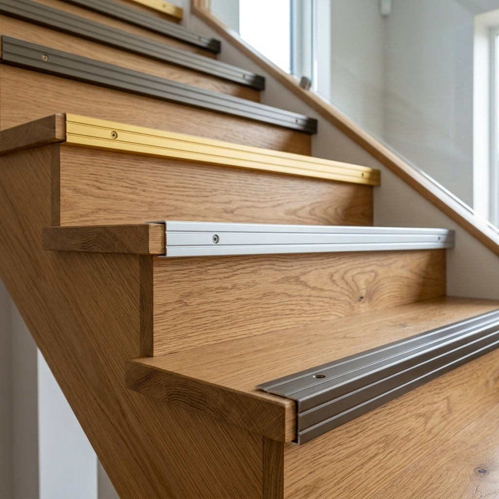 Anodised aluminium grooved stair nosing, 25 x 10 mm – gold, silver and titanium nosings on an oak staircase