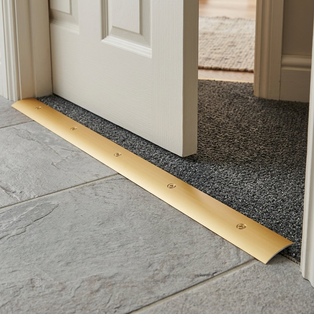 Anodised aluminium door threshold strip, 40 mm wide – gold strip fitted in a doorway between tiles and carpet