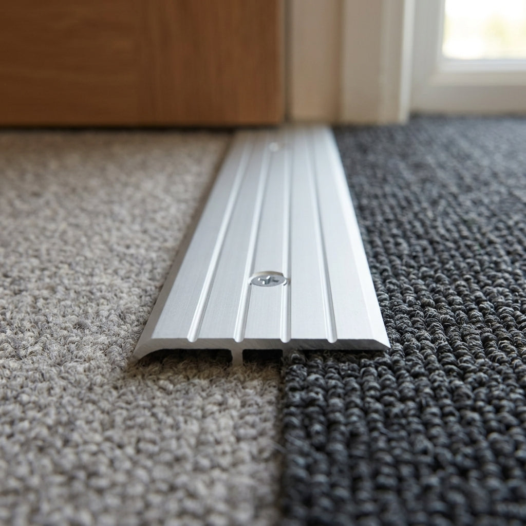 Anodised aluminium flat door threshold strip, 40 mm wide – close-up showing the screw holes