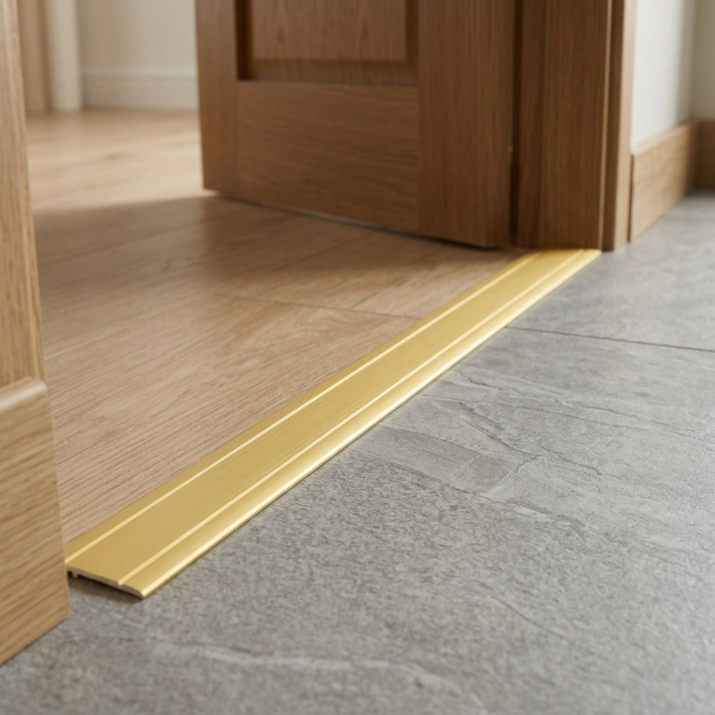 Flat aluminium door threshold strip, 30 x 4 mm – gold strip fitted in a doorway
