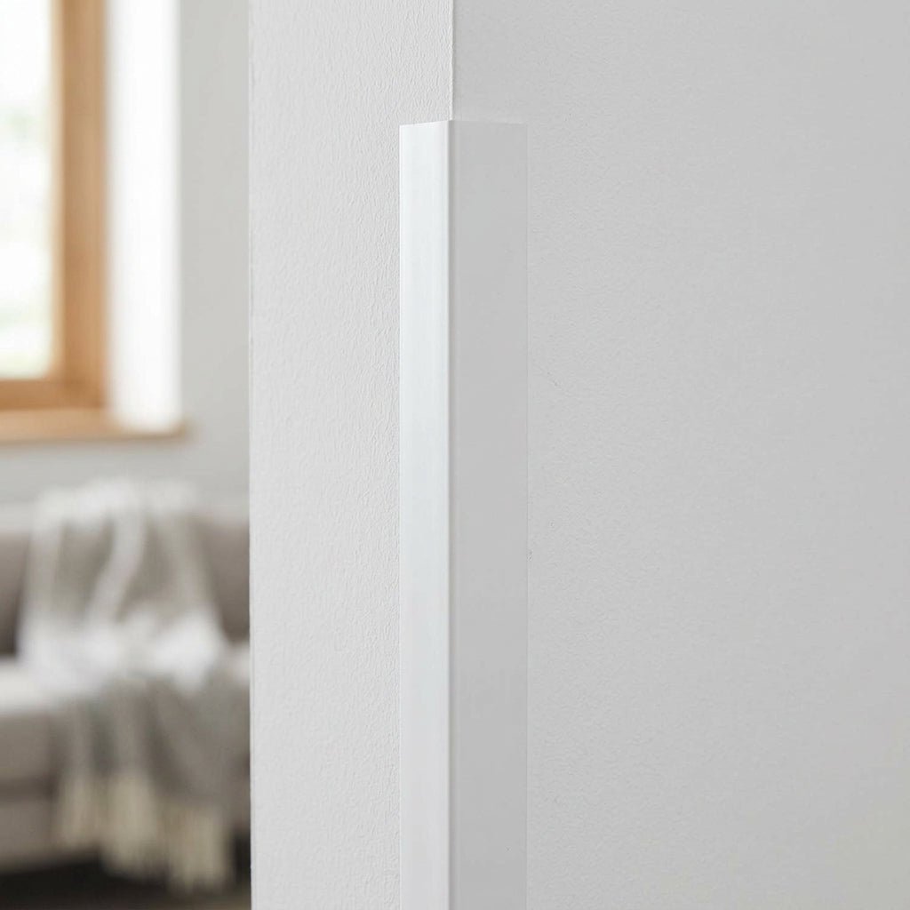 White PVC corner angle trim – close-up on a wall corner