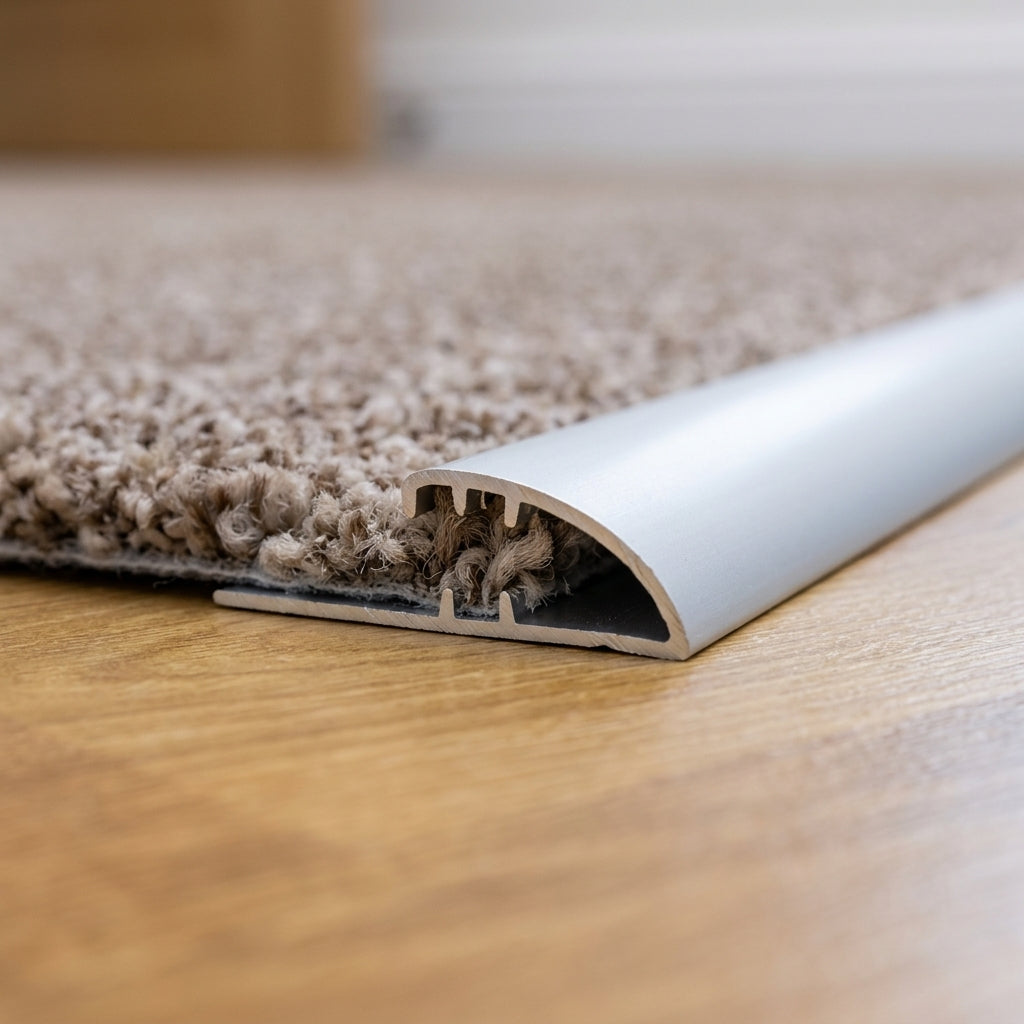 Anodised aluminium carpet edging cover trim – close-up of the carpet edging