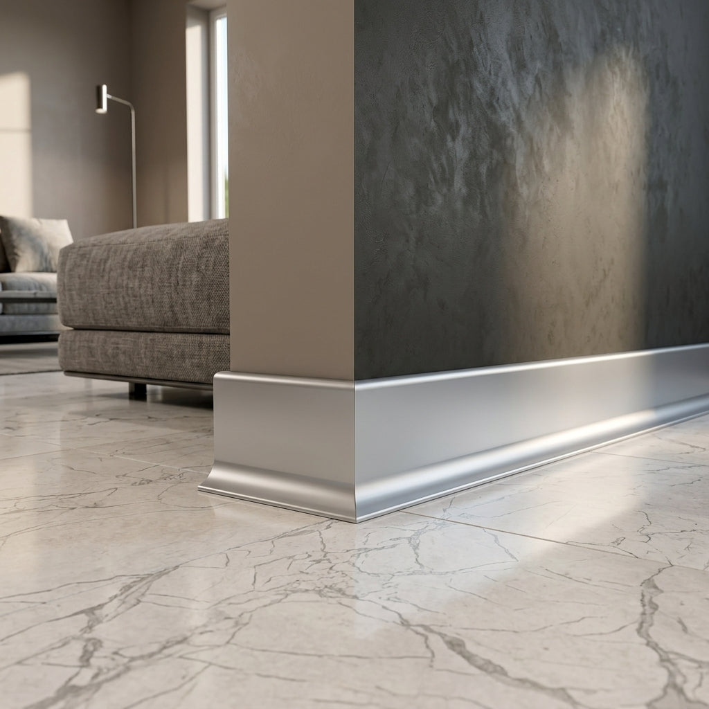 Anodised aluminium skirting board, 59 mm high – fitted at the base of a pillar