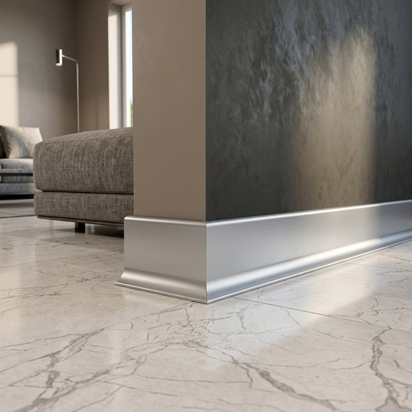 Anodised Aluminium Skirting Board – 59 mm High x 10 mm Thick – 2500 mm Length – Silver – with Matching Corners, Links & End Caps