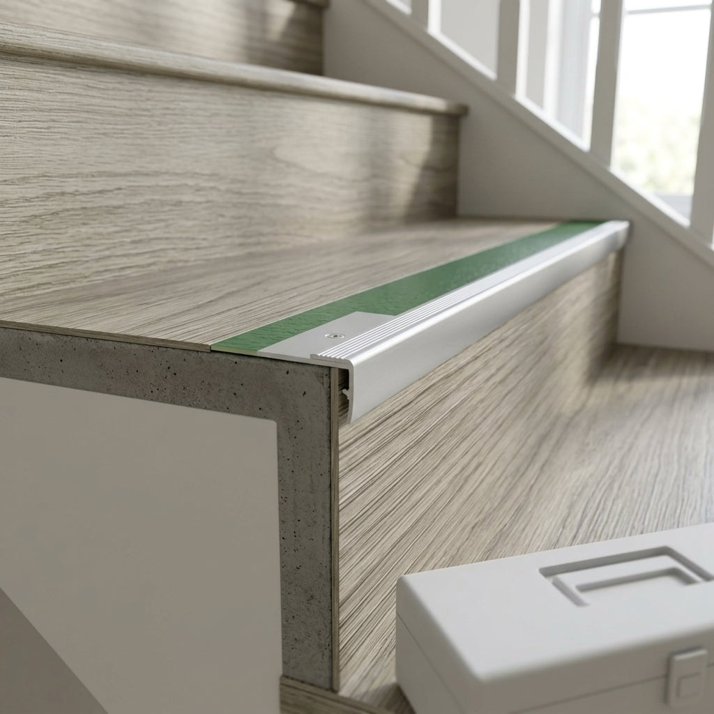 Aluminium outer corner stair nosing for 5 mm LVT – fitted on a grey LVT step