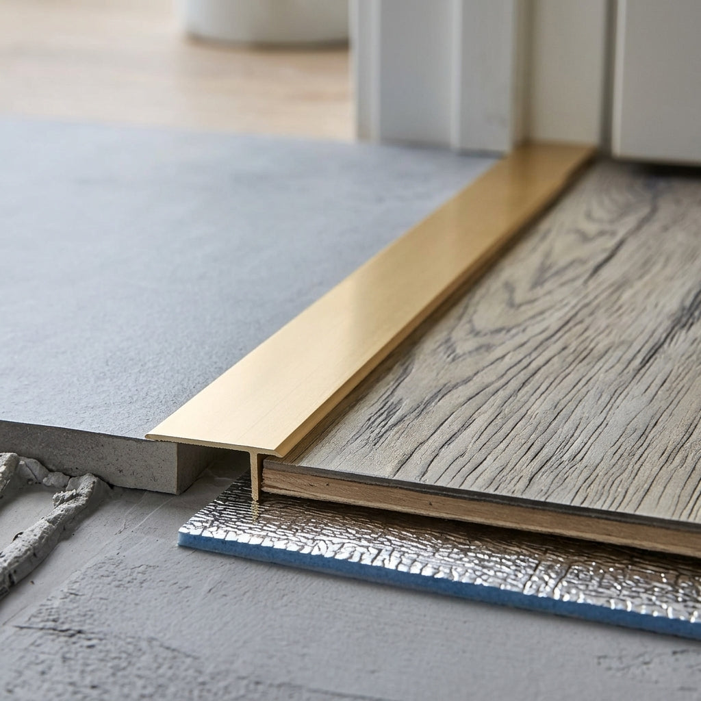 Self-adhesive aluminium door threshold strip, 30 mm x 930 mm – close-up of the gold strip and its self-adhesive backing