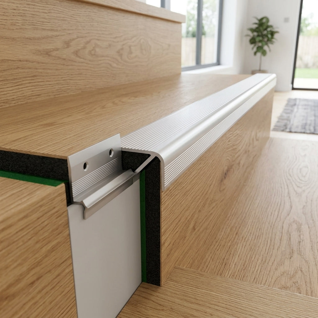Aluminium inner corner stair nosing for 5 mm LVT – fitted on a staircase