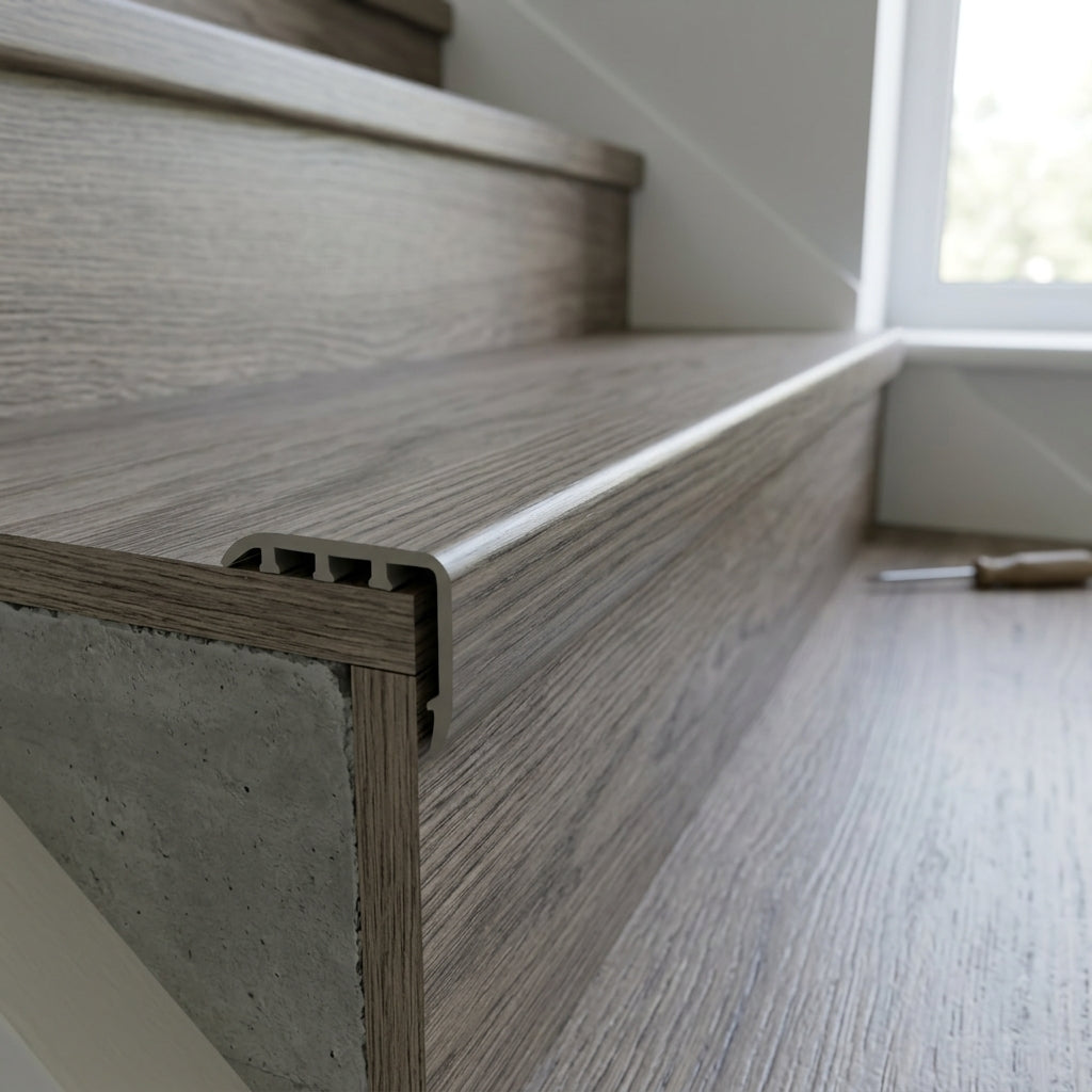 Wood effect uPVC stair nosing, 30 x 30 mm – grey wood effect nosing fitted on a stair
