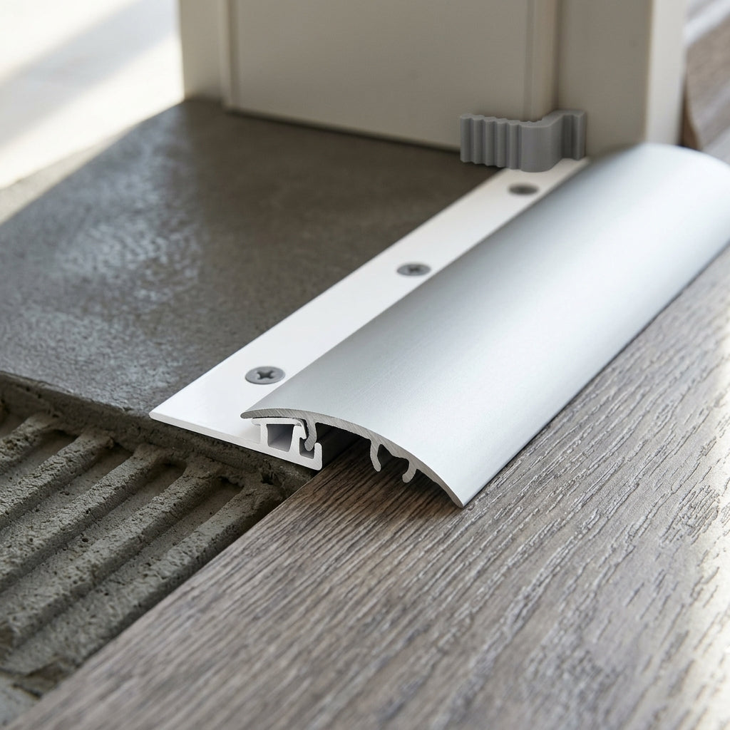 Silver aluminium door threshold strip, 30 mm x 930 mm, 5-in-1 fitting – profile view showing the fixing channel