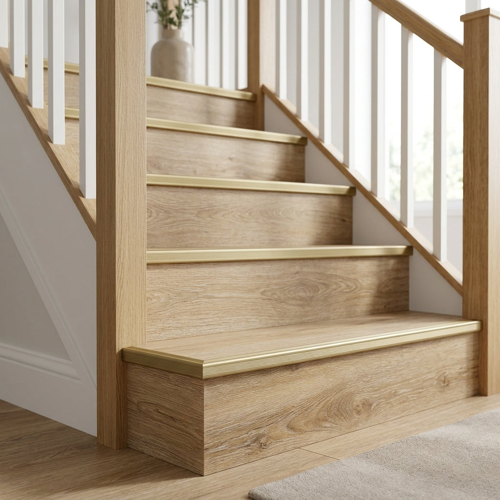 Aluminium LVT stair nosing outer corner for 5 mm LVT – nosings fitted on a staircase