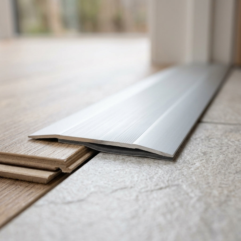 Self-adhesive aluminium door threshold strip, 100 mm wide – joining laminate flooring to tiles