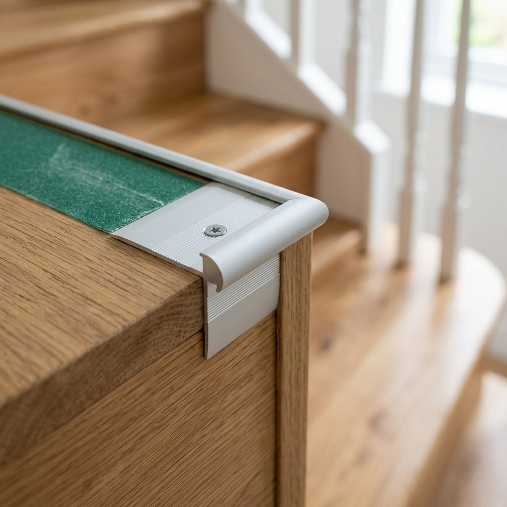 Aluminium outer corner stair nosing for 3 mm LVT, invisible mounting – close-up of the nosing on a stair edge