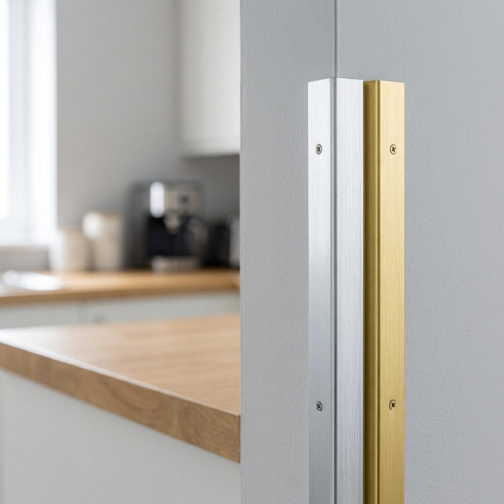 PVC corner angle trim in gold and silver finishes – fitted on a kitchen wall corner
