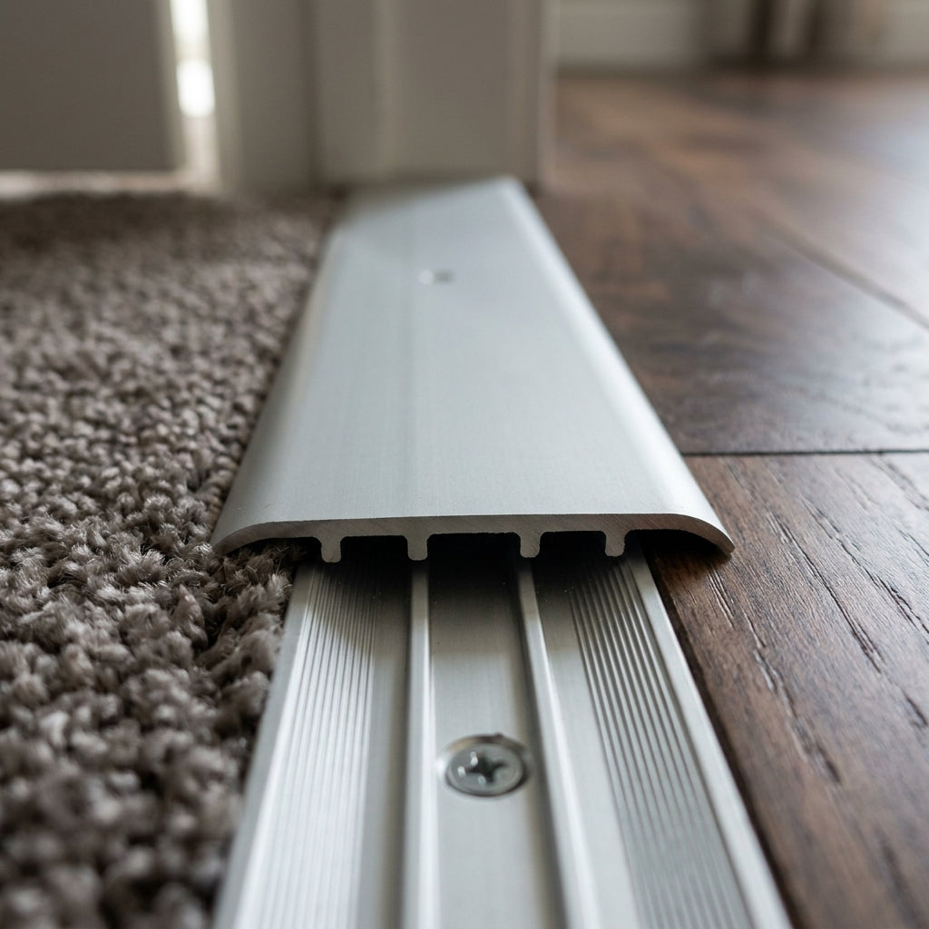 Aluminium door threshold strip, 80 mm wide x 4.2 mm high – fitted between carpet and a wooden floor