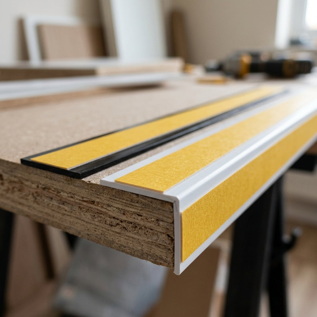 Self-adhesive PVC flat bar cover strip – strips fitted on a shelf edge