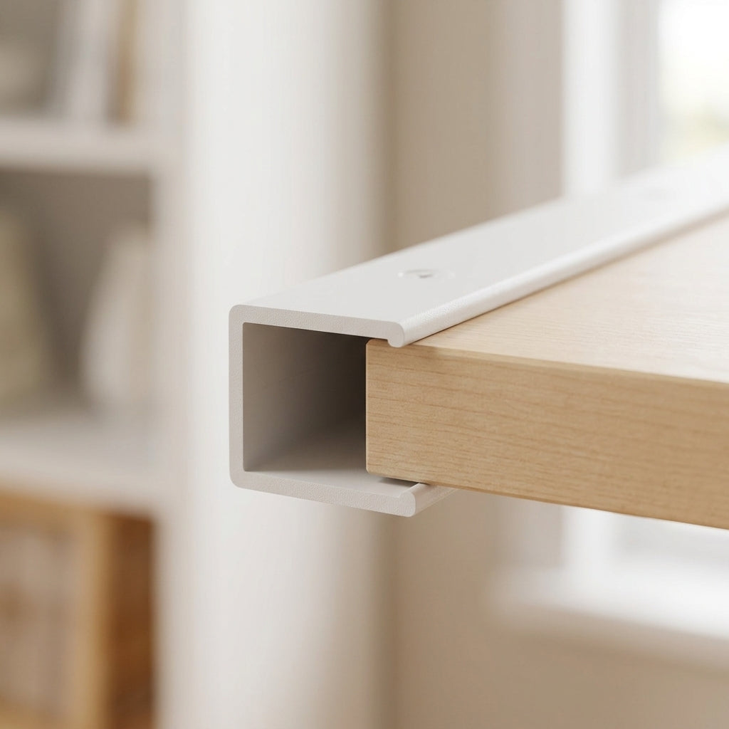 White rigid PVC U channel edge trim – close-up on a board edge