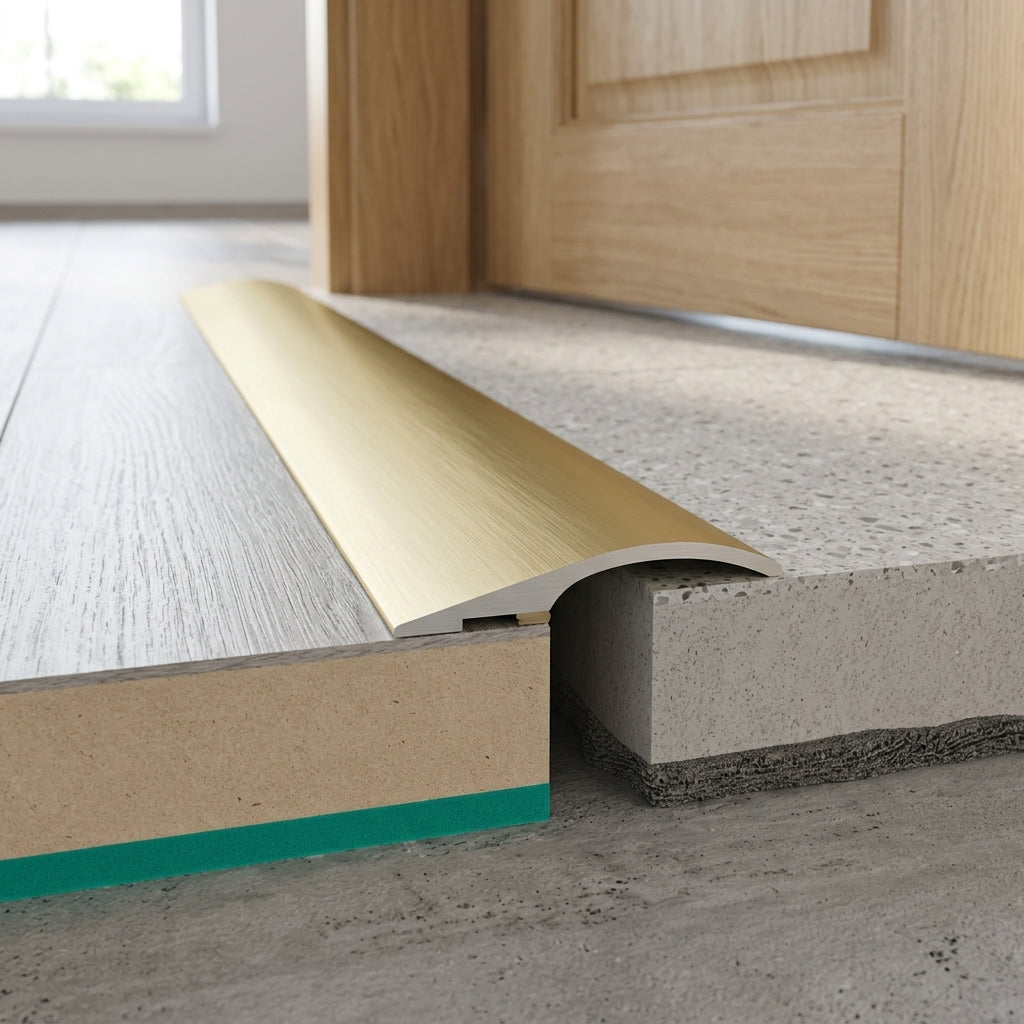 Self-adhesive aluminium door threshold ramp strip, 26 mm – fitted in a doorway joining floors of different heights