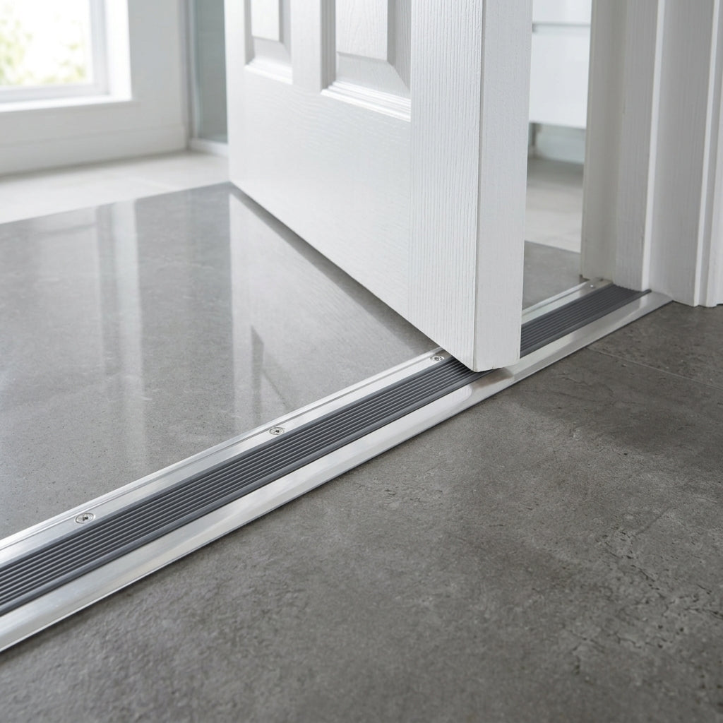 Aluminium T bar door threshold trim – silver T bar fitted between tiles in a doorway